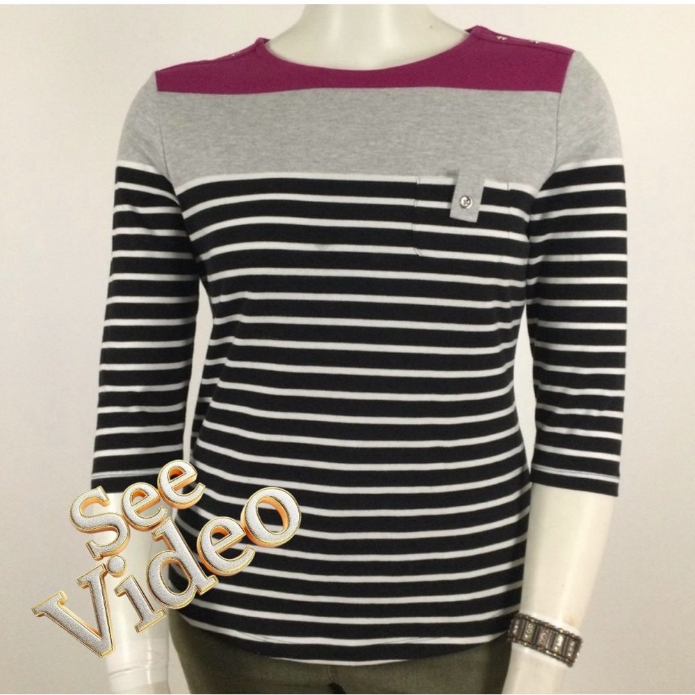 👛(ANY 2/$25) KAREN SCOTT 3/4 Sleeve Solid/Stripe Crew Neck Sweater